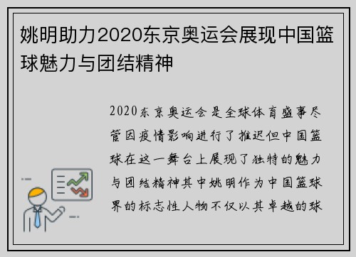 姚明助力2020东京奥运会展现中国篮球魅力与团结精神